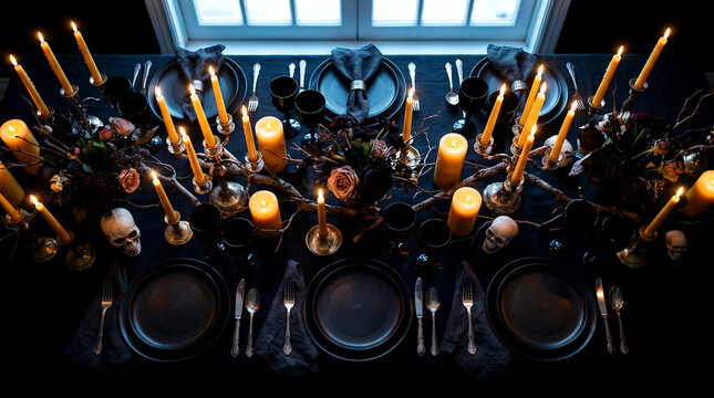 Spooky halloween dinner table setting with black plates and candles