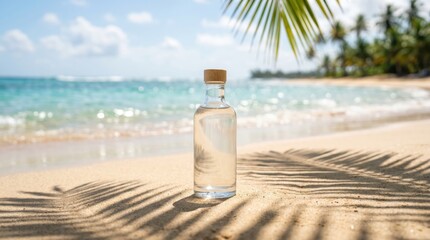 Fototapeta premium Clear glass bottle on tropical sandy beach with palm shadow for summer product mockup background