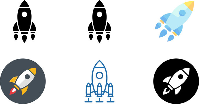 Rocket Ship Icon Set Featuring Spacecraft Launch Graphics in Flat Outline Silhouette and Circular Badge Styles for Startup Business Growth Designs