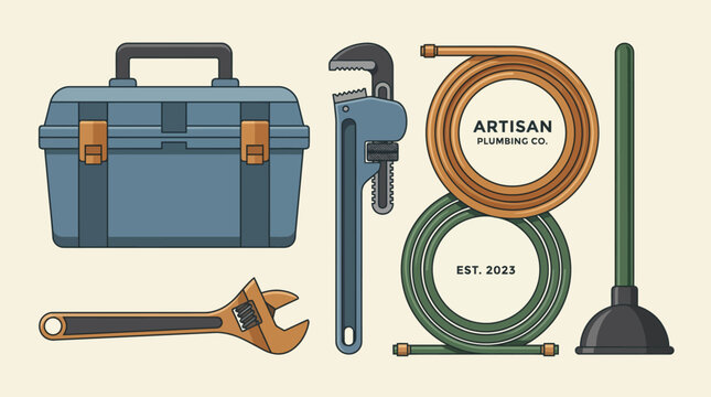 A collection of plumbing tools and equipment.