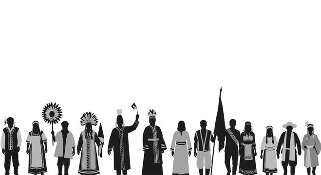 Diverse group of indigenous people in traditional attire standing together as a silhouette.