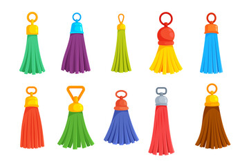 Fototapeta premium Leather tassel. Colorful fringe charm keychain accessory bag decoration purse pendant handmade fashion leather strip ring loop playful neat vector illustration