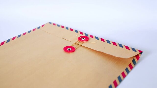 Hand closes envelope with red button fasteners. Pen rests beside it on white surface. Simple, clean composition with soft lighting. Suggests sending messages or documents