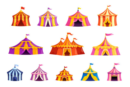 Bright circus tent collection with colorful striped canopies, flags and entrances for carnival posters, festival flyers, amusement designs and party decorations