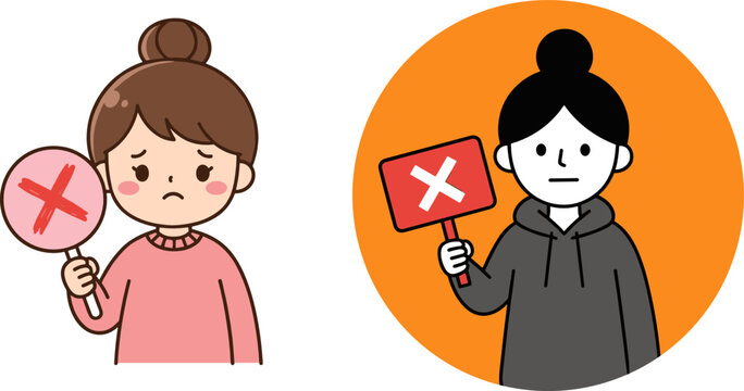 Sad Woman and Disappointed Character Vector Set Holding Red Cross Sign and Wrong Answer Paddle for Prohibited Content and Rejection Concepts