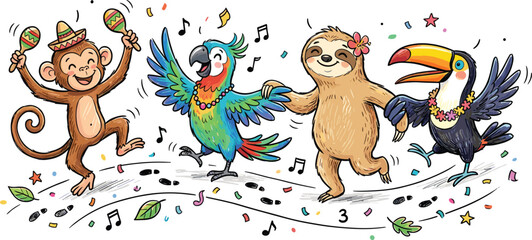 Obraz premium Cute Cartoon Dancing Monkey, Parrot, Sloth, and Toucan with Maracas, Music Notes, and Confetti for Tropical and Kids Designs