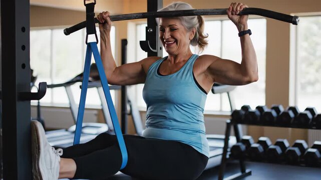 Senior woman performing assisted pull-ups in a gym. Active female exercising with a resistance band on a pull-up bar. Healthy aging and fitness concept