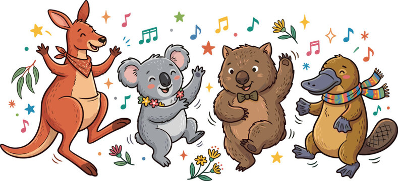 Cute Cartoon Dancing Kangaroo, Koala, Wombat, and Platypus with Music Notes and Flowers for Kids and Nursery Designs