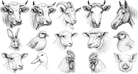 Farm Animal Portrait Sketch Icon Set with Cow, Goat, Horse, Rabbit, Sheep, Bird, Duck, Rooster, and Pig Symbols for Agriculture Designs © Sohel