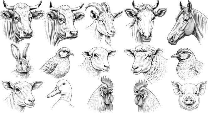 Farm Animal Portrait Sketch Icon Set with Cow, Goat, Horse, Rabbit, Sheep, Bird, Duck, Rooster, and Pig Symbols for Agriculture Designs