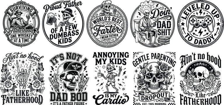 Funny Skeleton Dad T-shirt Design Bundle - Badass Fatherhood Quotes, Sarcastic Father's Day Sayings, and Vintage Skull Illustrations for Apparel and Stickers.