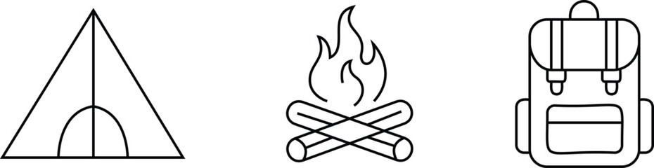 Camping tent campfire and hiking backpack line art icon set. Editable thin outline. Vector illustration © Shawon's Creation