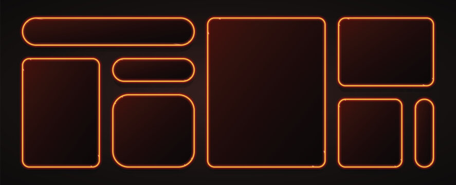 Glowing neon orange frame set on dark background for digital interface design and web buttons featuring rounded rectangle vector elements