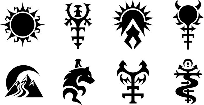 Mystical fantasy symbol set featuring sun moon wolf and occult icons for graphic design and branding projects