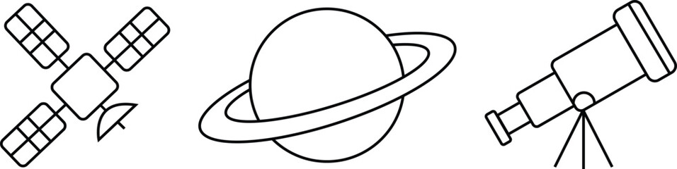 Set of space icons with satellite planet and telescope outline. Editable thin outline. Vector illustration © Shawon's Creation