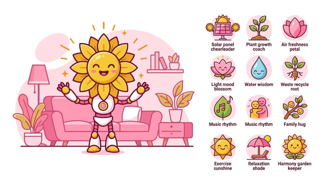 Flat vector illustration of a cute chibi robot with a sunflower head standing in a pink living room, featuring a collection of sustainability, wellness, and eco-friendly lifestyle icons.