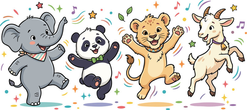 Cute Cartoon Dancing Elephant, Panda, Lion Cub, and Goat with Music Notes and Stars for Kids and Nursery Designs