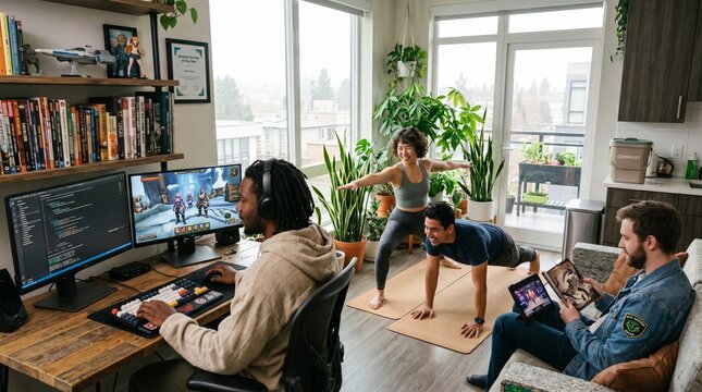 Diverse group of young adult friends sharing a bright modern living space while one person plays video games another does yoga and the third reads a book on a tablet.