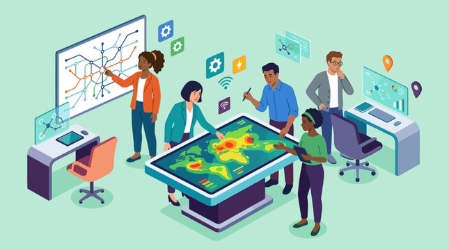Business team collaborating on global strategy and data visualization using interactive touch screen technology and network maps in a modern workspace.