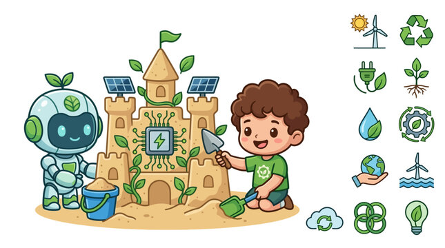 Vector illustration of a cute chibi robot and a small boy building a futuristic sandcastle integrated with solar panels and microchips, accompanied by green energy icons.
