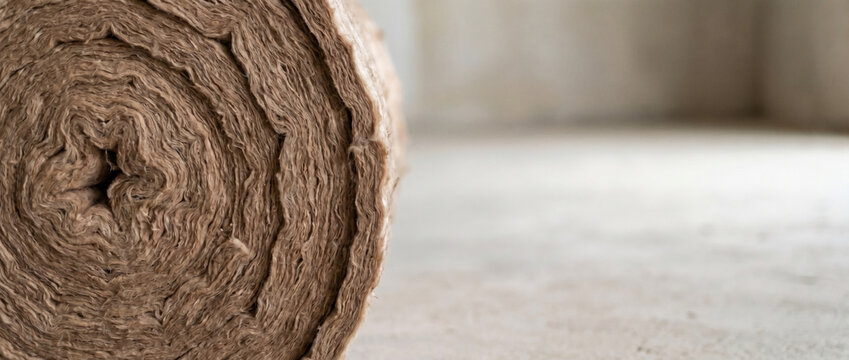 Rolled insulation material made of natural fibers, concept of eco-friendly building and thermal efficiency for construction projects.