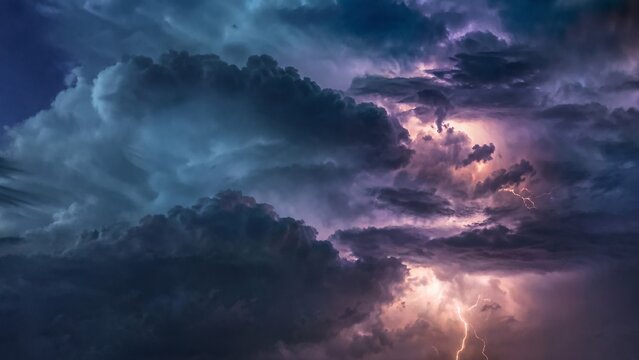 Dramatic lightning storm in dark purple and blue clouds, turbulent thunderhead sky background with cinematic electrical discharge.