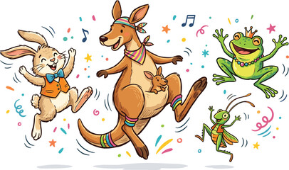 Cute Cartoon Dancing Bunny, Kangaroo with Joey, Frog with Crown, and Grasshopper with Confetti for Kids and Party Designs © Mustak