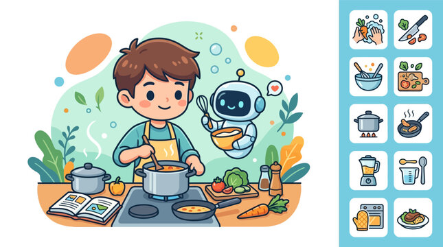 Cute chibi boy and small AI robot cooking together in a kitchen with vegetable ingredients and cookbook. Includes a set of 10 step-by-step cooking icons for food preparation and meal steps.