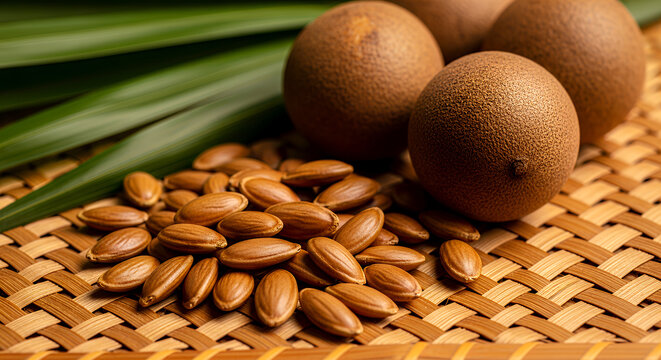Brown sapote fruits and seeds on a woven mat with green palm leaves tropical fruit