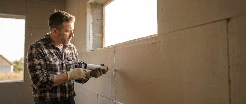 Construction worker applying sealant with a caulk gun to an interior wall during building renovation. This scene represents home improvement, DIY projects, and professional craftsmanship.