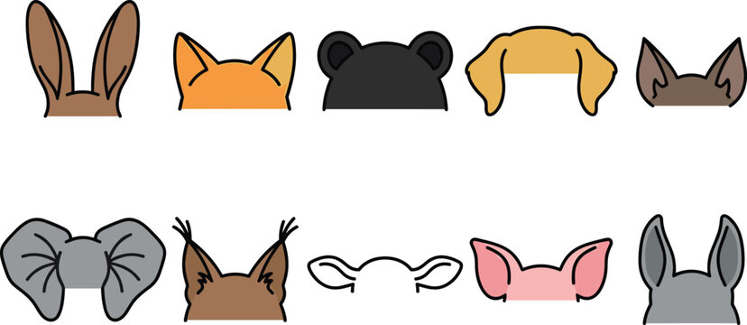 Cute Animal Ears Icon Set with Rabbit, Fox, Bear, Dog, Cat, Elephant, Squirrel, Cow, Pig, and Donkey for Kids and Costume Designs
