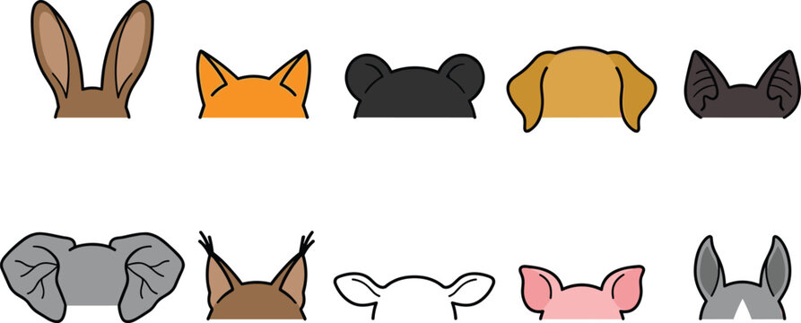 Cute Animal Ears Icon Set with Rabbit, Fox, Bear, Dog, Cat, Elephant, Deer, Cow, Pig, and Donkey for Fun and Kids Designs