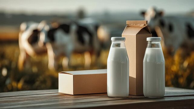 Fresh milk bottles and cartons on a farm table
