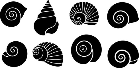 Set of eight spiral seashell and snail shell silhouette icons © PIXAVIVE