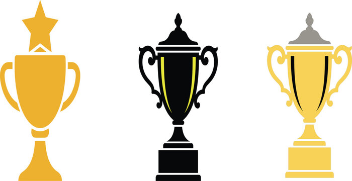 rophy Cup Icon Set with Star, Decorative, and Classic Styles in Gold and Black for Award, Winner, and Championship Designs