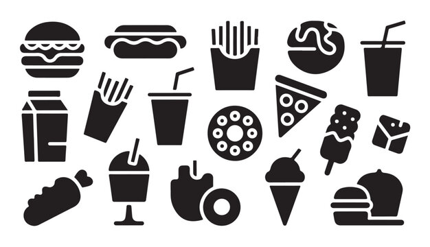 Quick snack silhouette set with various street food items for branding and advertising.