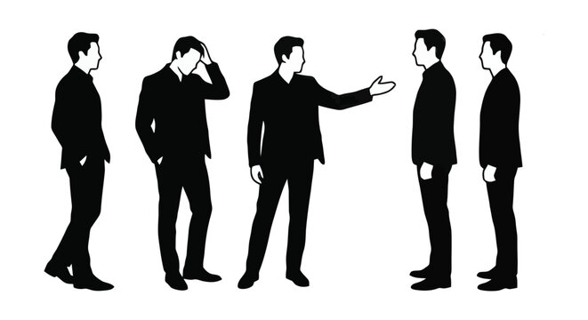 Silhouettes of business people standing and interacting isolated on white background