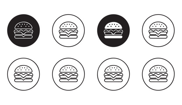 Burger line icon set, outline style hamburger with cheese in circles and isolated.