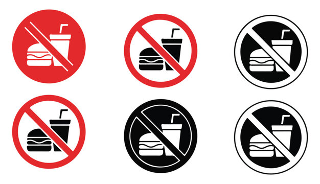 No fast food allowed signs burger and drink prohibition icons red black.