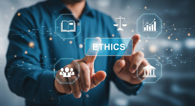 Ethical Foundation: A person interacts with an interface promoting business ethics, underlining the importance of integrity, accountability, and moral conduct in the workplace.