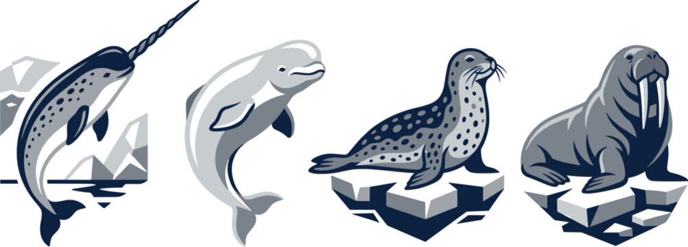 Arctic Ocean Animal Set with Narwhal, Beluga Whale, Seal, and Walrus in Monochrome Style for Nature and Wildlife Designs