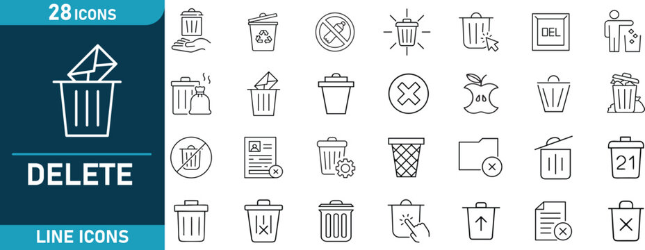 Delete  Icon Set. Contains icons trash bin, recycle bin, remove, delete file,  cleanup data removal, waste management, discard, cancel, and More. Editable stroke. Vector illustration.