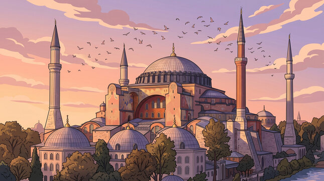 Hagia Sophia Mosque in Istanbul at Sunset Vector Illustration