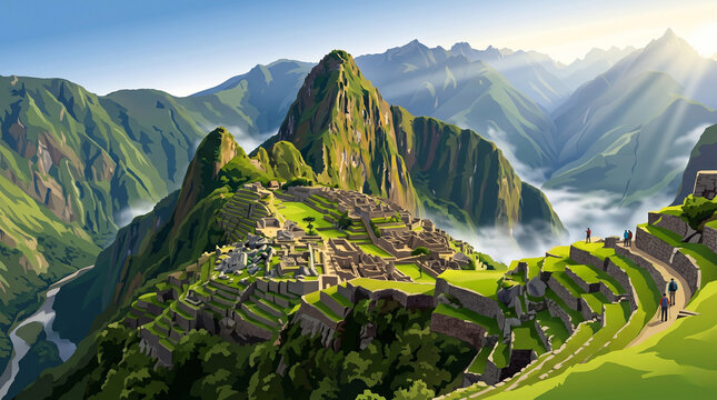 Machu Picchu Inca Ruins in the Andes Mountains Vector Illustration