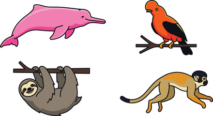 Naklejka premium Amazon Rainforest Animal Set with Pink Dolphin, Cock of the Rock Bird, Sloth, and Squirrel Monkey for Wildlife Designs