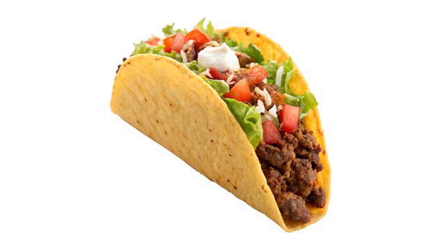 A Mexican taco filled with seasoned ground beef fresh lettuce grated cheese and diced tomatoes isolated on transparent background cut out