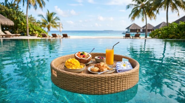 Floating breakfast tray with tropical fruit, pastries and orange juice in a resort pool for luxury vacation banner and poolside background