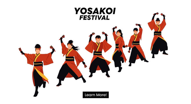 Group of Japanese dancers performing traditional Yosakoi festival dance.