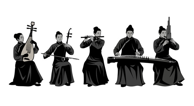 Illustration of traditional Chinese musicians playing ethnic instruments.