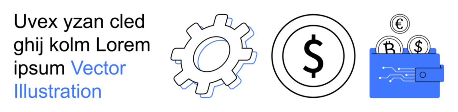Financial technology, digital payments, investments, e-commerce, cryptocurrency, blockchain. A gear, dollar sign and wallet with coins. Financial technology and digital payments concept